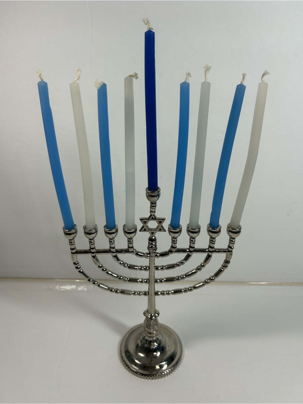 Traditional Hanukkah Chanukah Silvertone 
Menorah by Rite Lite blue white candle